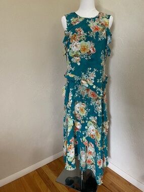 Sundance Faye Sleeveless Ruffled Teal Floral Maxi Dress L